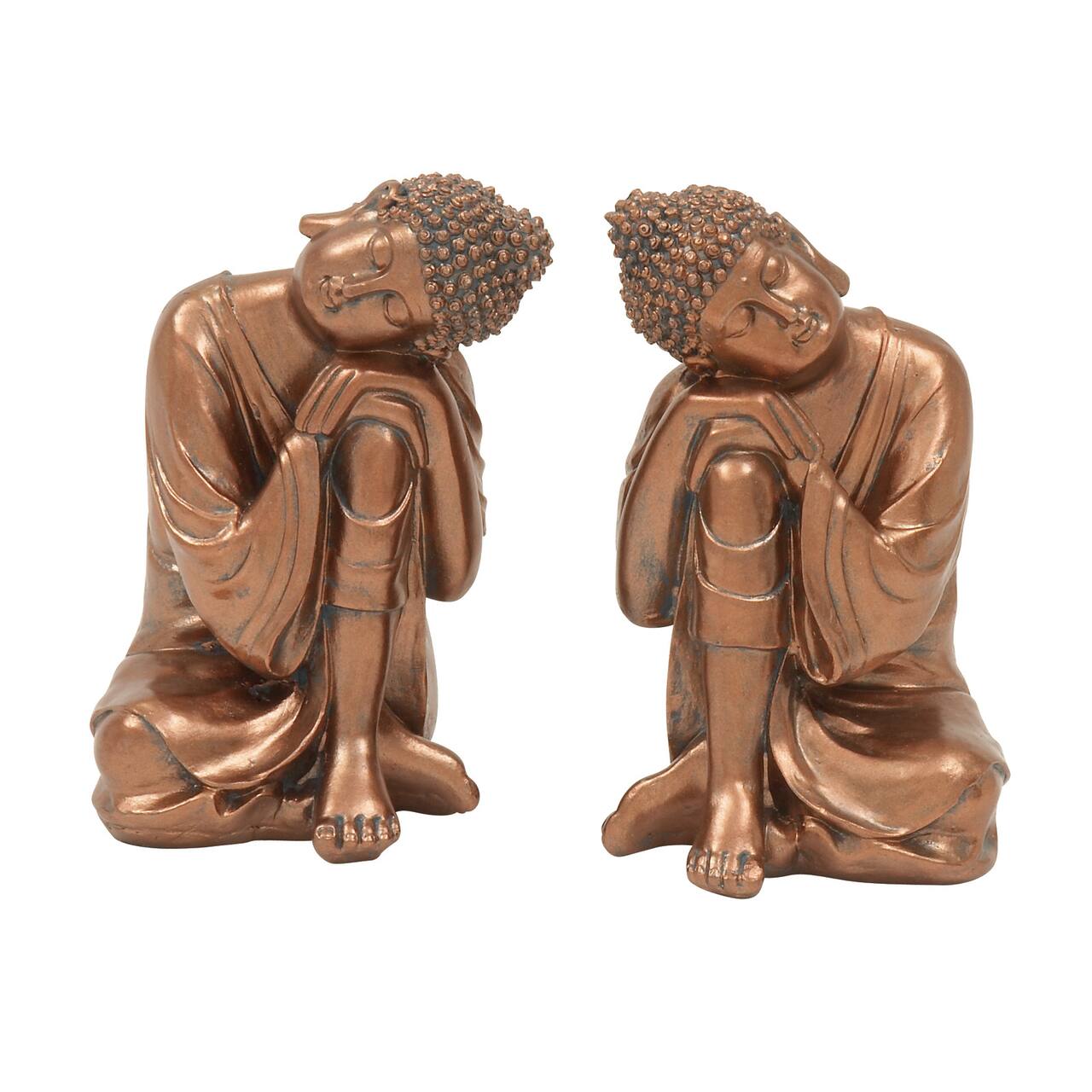 Set of 2 Bronze Bohemian Polystone Buddha Sculpture 5" x 9"
